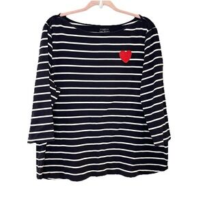 Talbots 3X Tee Embroidered Heart Patch Striped Knit Top Navy White  Nautical